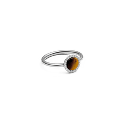 Audrey Ring Tiger Eye Silver with oval Tiger Eye gemstone, cubic zirconia halo and slim stainless steel band, elegant jewellery.