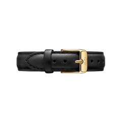Premium Sheffield Strap Gold in smooth black leather with detailed stitching and a polished gold buckle, designed to fit a range of watch sizes for a sophisticated, timeless look.