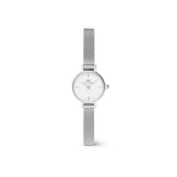 Petite Mini Sterling women’s watch with 19mm silver case, minimalist white dial, and slim stainless steel mesh strap.