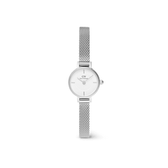 Petite Mini Sterling women’s watch with 19mm silver case, minimalist white dial, and slim stainless steel mesh strap.
