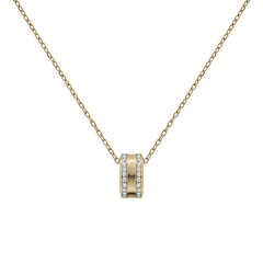 Gold Elan Lumine Necklace featuring a fine cable chain and a central ring pendant with crystal detailing on both sides, offering a minimalist and elegant look.
