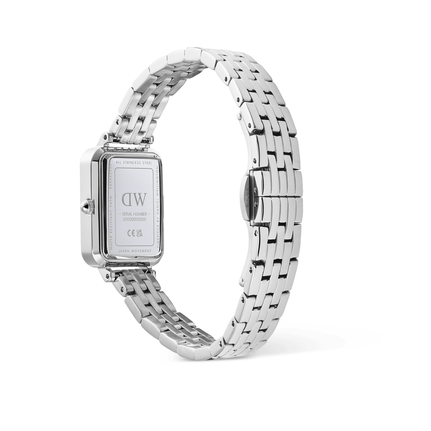 Rear view of the Quadro Roman Numerals Date 5-link Silver watch, showing the engraved stainless steel case back, polished five-link bracelet, and butterfly clasp.
