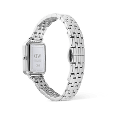 Rear view of the Quadro Roman Numerals Date 5-link Silver watch, showing the engraved stainless steel case back, polished five-link bracelet, and butterfly clasp.