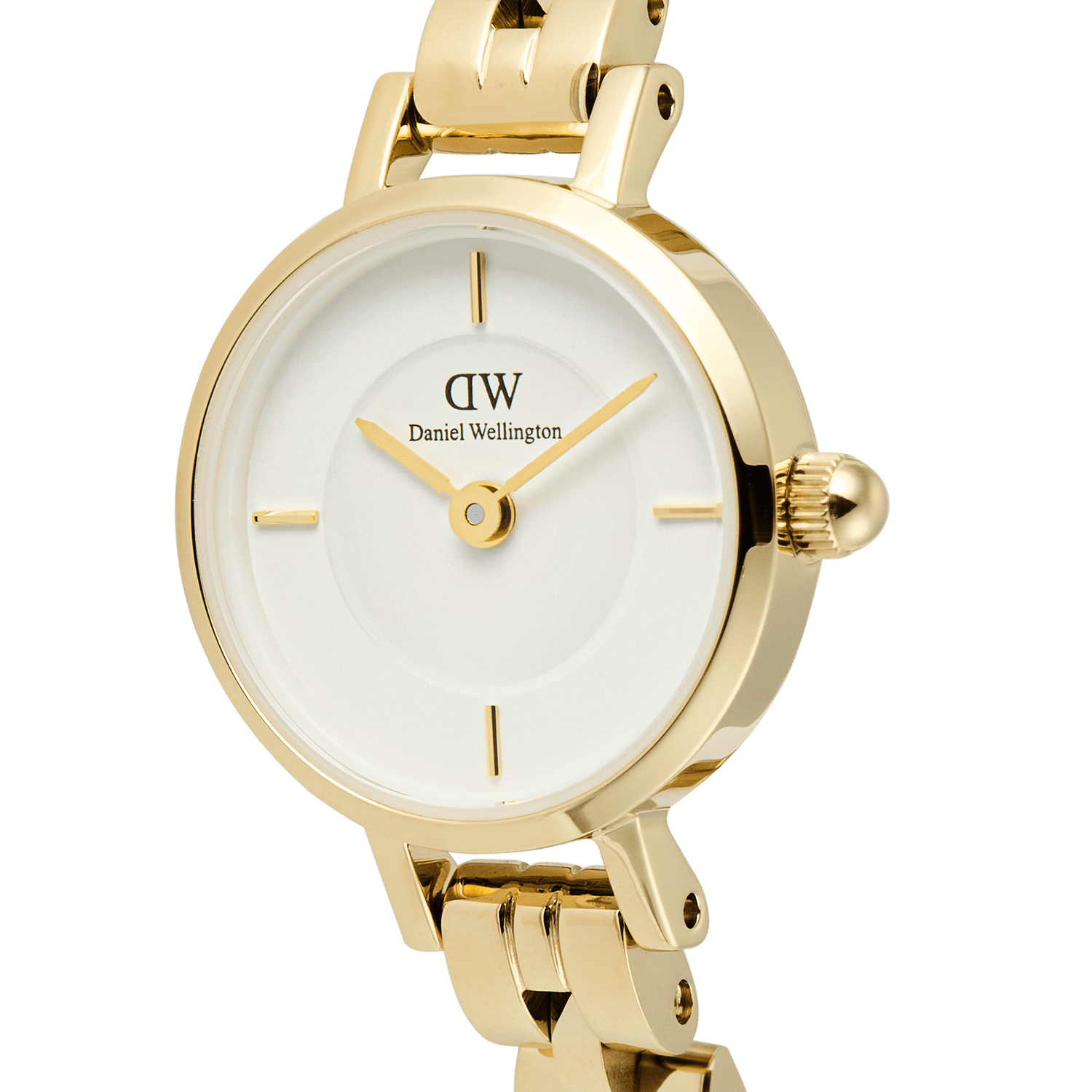 Close-up of the Petite Mini Arch 3-link White Gold watch, showcasing its petite round case, minimalist white dial with gold rectangular indices, and polished rose gold 3-link bracelet.