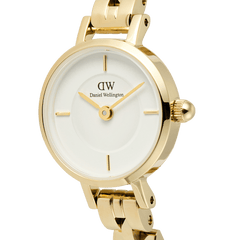 Close-up of the Petite Mini Arch 3-link White Gold watch, showcasing its petite round case, minimalist white dial with gold rectangular indices, and polished rose gold 3-link bracelet.