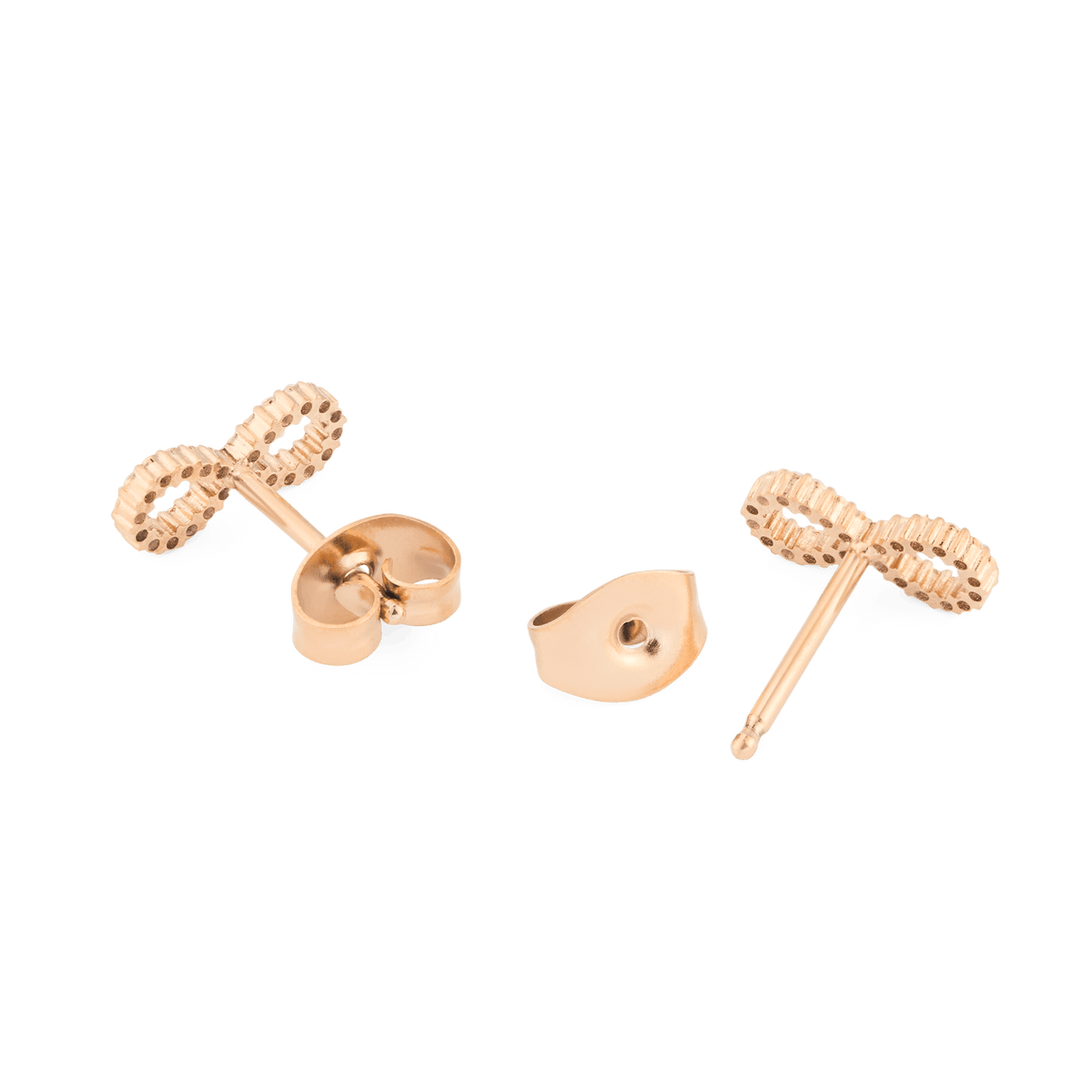 Back view of Mirelle Infinity Earring Rose Gold studs, showing the polished rose gold finish, secure butterfly backs, and detailed infinity motif.
