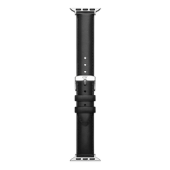Daniel Wellington black genuine leather smartwatch strap with silver hardware and a polished buckle engraved with the DW logo, shown with Apple Watch connectors.