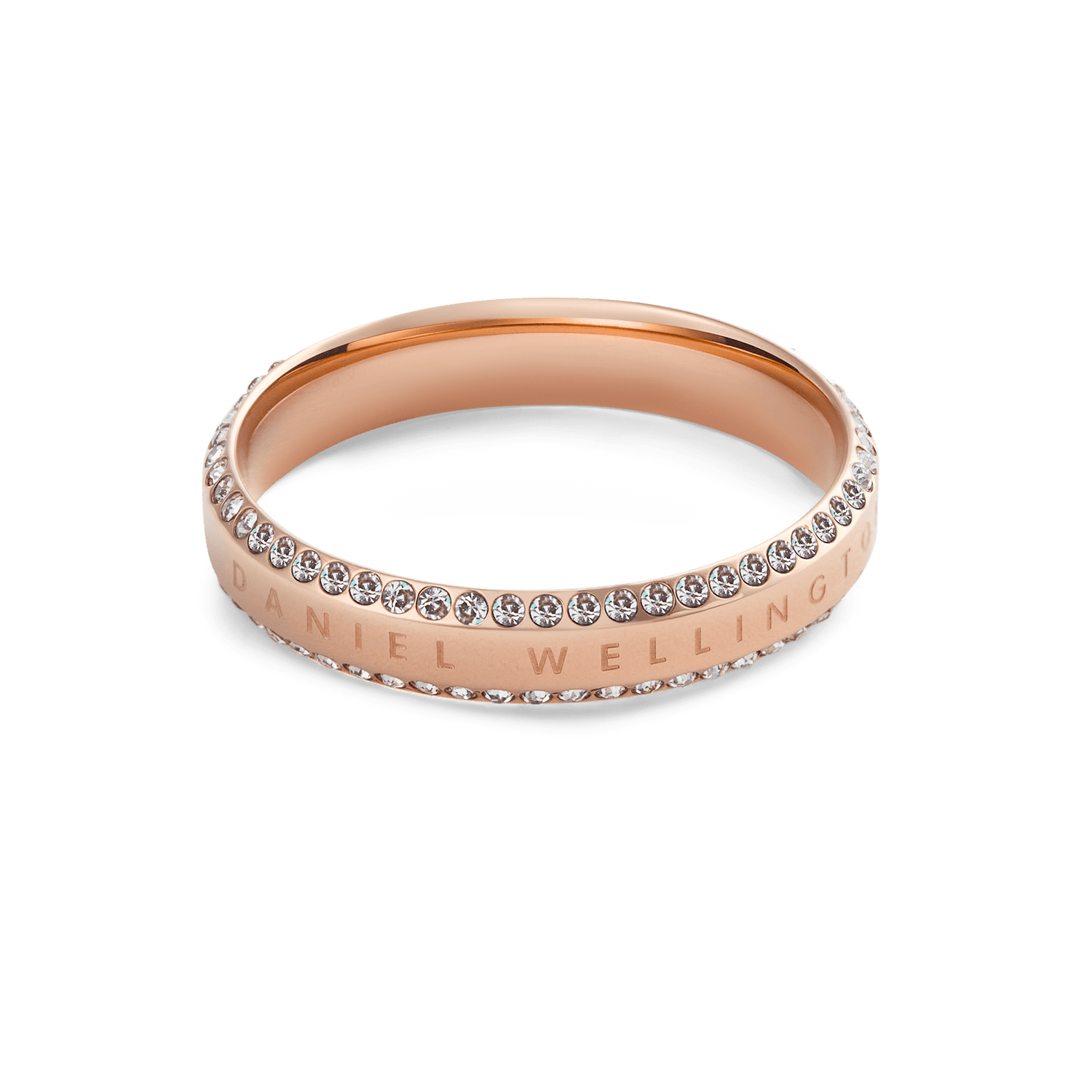 Elegant rose gold ring by Daniel Wellington, featuring a polished band with two rows of white cubic zirconia crystals and an engraved signature along the edge.