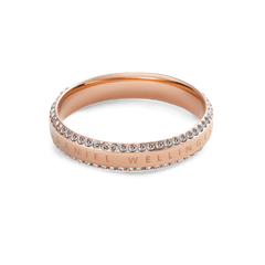 Elegant rose gold ring by Daniel Wellington, featuring a polished band with two rows of white cubic zirconia crystals and an engraved signature along the edge.