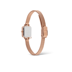Rear view of the Quadro Mini Crystal Zodiac Melrose Set, showing the engraved case back and the slim rose gold mesh strap with an adjustable clasp.
