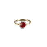 Gold ring with round red agate centre, surrounded by sparkling white cubic zirconia, slim polished band.