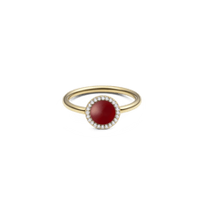 Gold ring with round red agate centre, surrounded by sparkling white cubic zirconia, slim polished band.