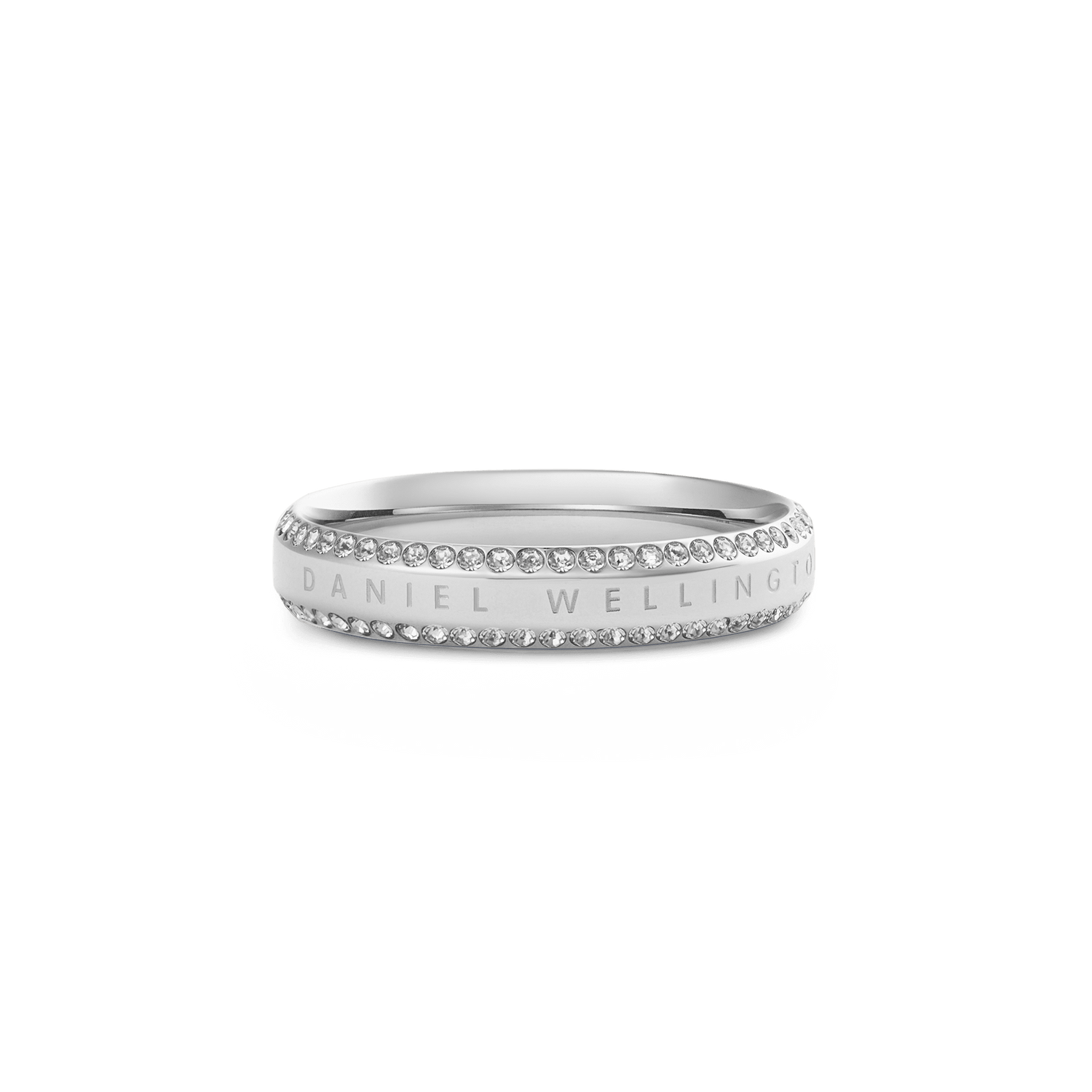 Classic Aura Duo Ring Silver featuring a slim band of polished stainless steel, two rows of white cubic zirconia crystals along the chamfered edge, and the Daniel Wellington logo engraved for a refined, modern finish.