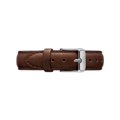 Genuine dark brown leather watch strap with detailed stitching and a polished silver buckle, designed for a classic and versatile look.