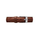 St Mawes Strap Silver in genuine brown leather with detailed stitching and a polished silver buckle, designed for Daniel Wellington watches.
