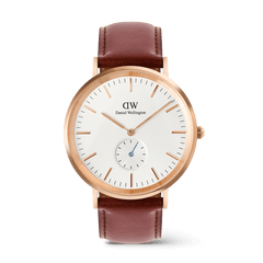 Classic Multi-Eye St Mawes watch featuring a rose gold stainless steel case, off-white sunray dial with minimalist hour markers, blue-tinted sub-second hand, and a genuine brown leather strap.