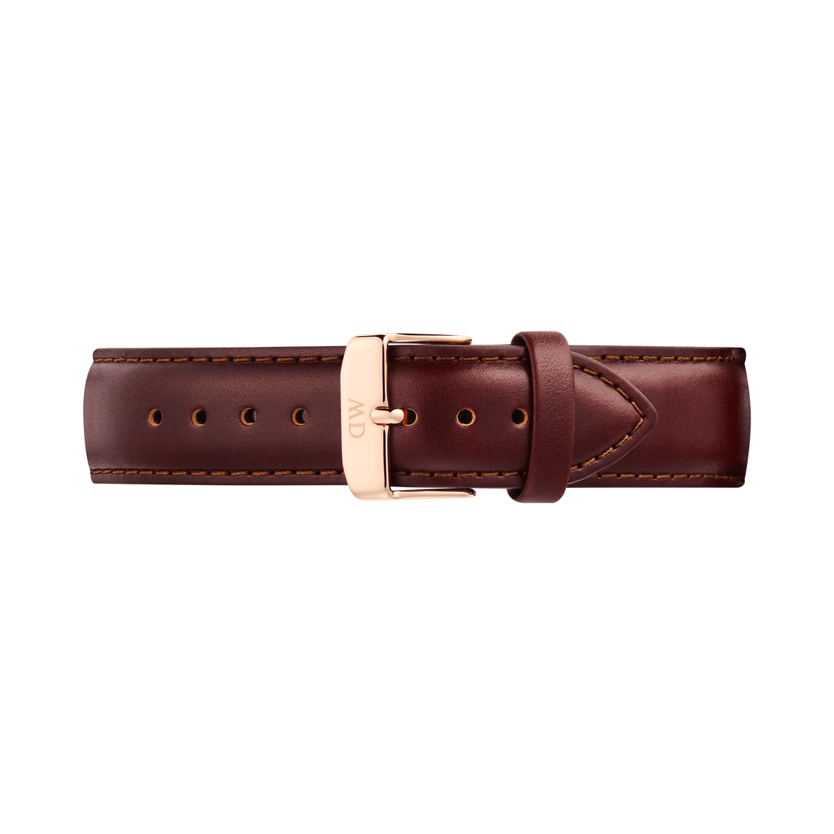 Brown genuine leather watch strap with a tapered design, featuring detailed stitching and a polished rose gold pin buckle engraved with the Daniel Wellington logo. The strap has a smooth finish and quick-release connectors for easy attachment to compatible timepieces.