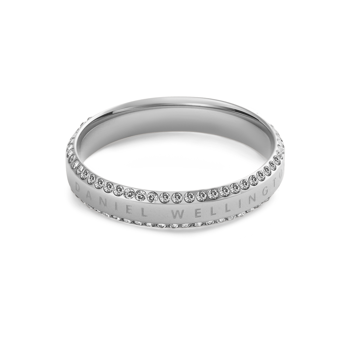 Elegant Classic Aura Duo Ring Silver with a slim polished band, featuring two rows of sparkling white cubic zirconia crystals and the Daniel Wellington logo engraved along the side.