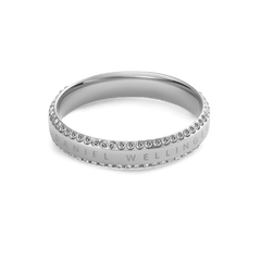 Elegant Classic Aura Duo Ring Silver with a slim polished band, featuring two rows of sparkling white cubic zirconia crystals and the Daniel Wellington logo engraved along the side.
