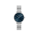 Silver women’s watch with arctic blue sunray dial, crystal bezel, and 5-link stainless steel bracelet by Daniel Wellington.