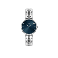 Silver women’s watch with arctic blue sunray dial, crystal bezel, and 5-link stainless steel bracelet by Daniel Wellington.