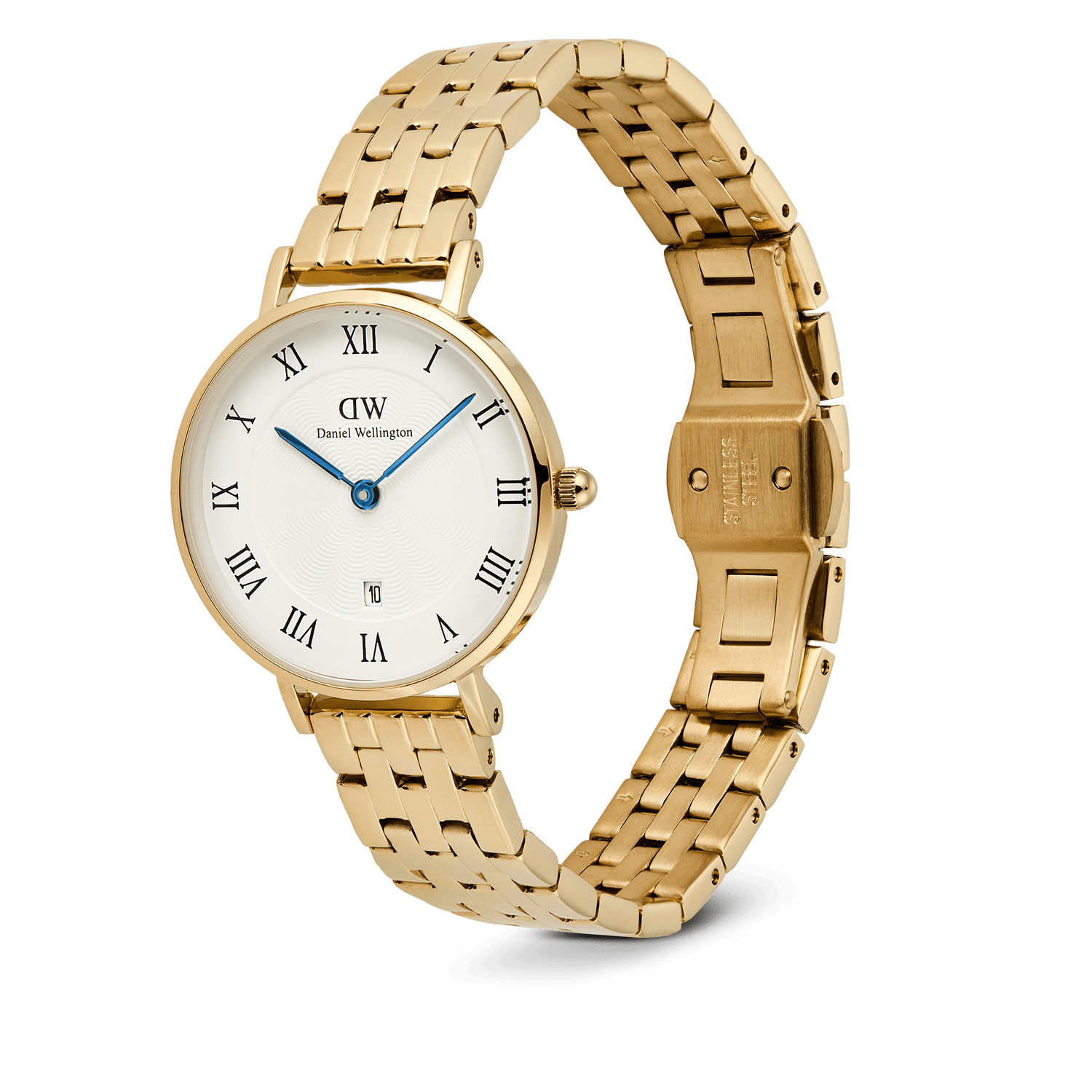 Petite Roman Numerals Date 5-link Gold watch featuring a polished gold five-link bracelet, white guilloché dial with black Roman numerals, blue hands, and a date window at 6 o’clock.