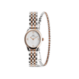 Ophelia Mini & Tennis Bracelet Apricot Silver Set featuring a silver and rose gold link watch with a round face and Roman numerals, paired with a slender tennis bracelet adorned with apricot-toned stones.