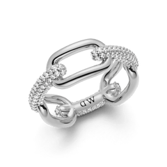 Crystal Link Ring Silver featuring chunky, polished chain links and pavé-set cubic zirconia crystals, finished with a subtle engraved detail on the inner band.