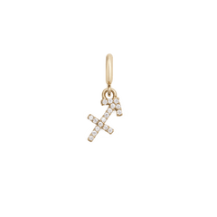 Sagittarius zodiac watch charm in gold-plated stainless steel, featuring the Sagittarius symbol adorned with sparkling cubic zirconia crystals and a polished gold loop for attaching to a watch strap.