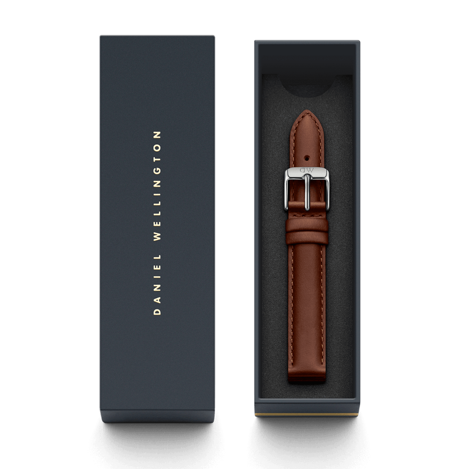 St Mawes Strap Silver presented in a sleek Daniel Wellington gift box, featuring genuine brown leather and a polished silver buckle with refined stitching.