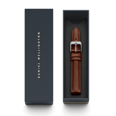 St Mawes Strap Silver presented in a sleek Daniel Wellington gift box, featuring genuine brown leather and a polished silver buckle with refined stitching.