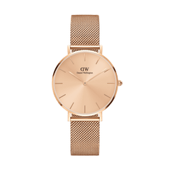 Petite Unitone rose gold women’s watch with a 28mm minimalist dial and a matching mesh strap, featuring a sleek and elegant design.