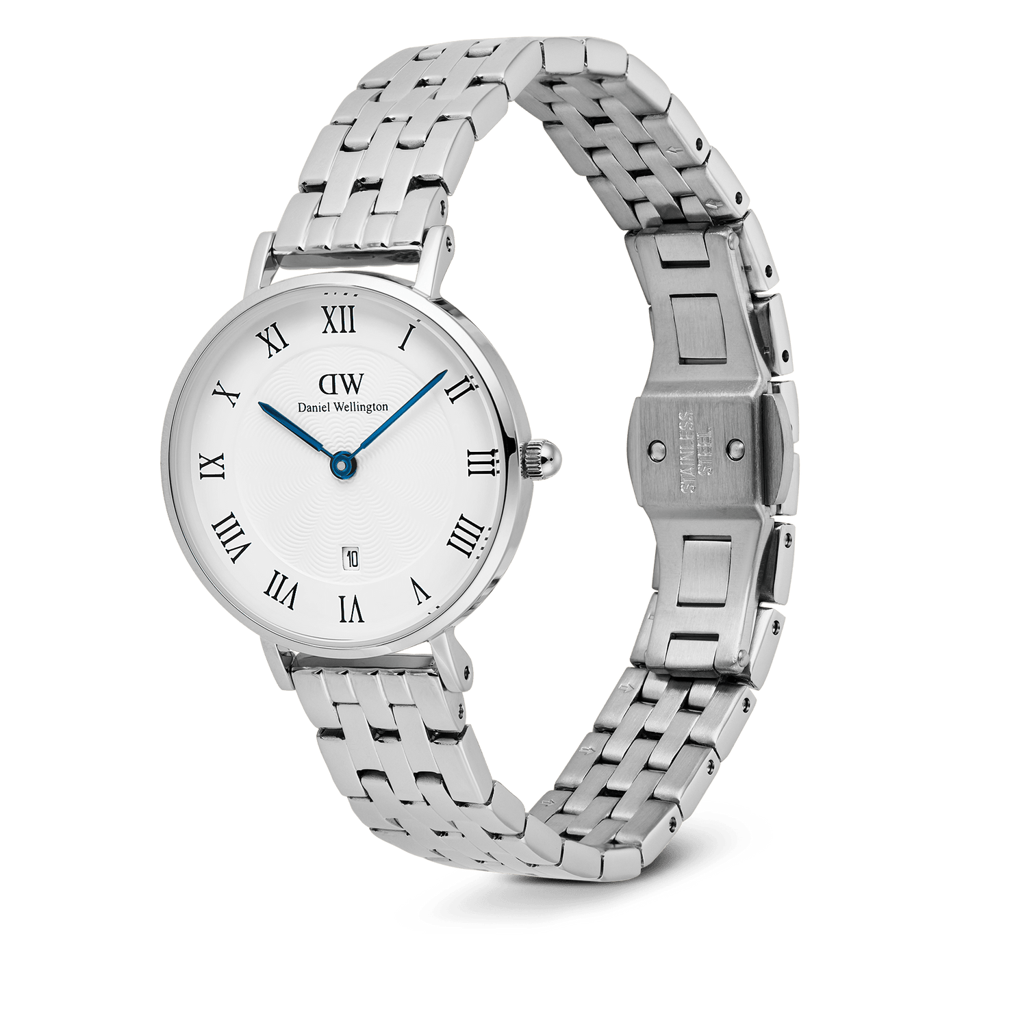 Daniel Wellington Petite Roman Numerals Date 5-link Silver watch featuring a polished stainless steel 5-link strap, white dial with Roman numerals, blue hands, guilloché pattern, and a date window at 6 o’clock, shown with the butterfly clasp open.