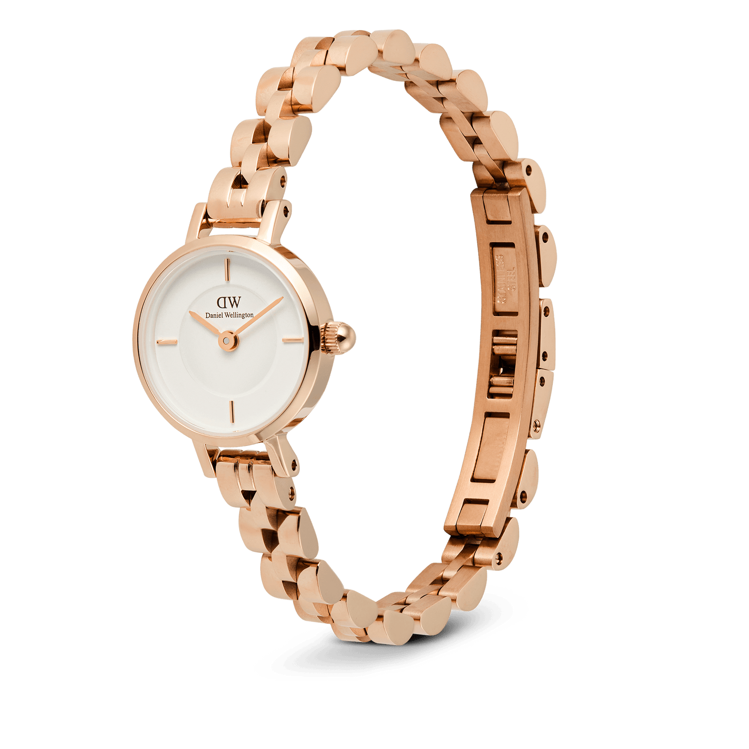 Petite Mini Arch 3-link White Rose Gold women’s watch with a slim arched 3-link rose gold bracelet, white minimalist dial, and a button-less butterfly clasp, designed for a comfortable fit on small wrists.