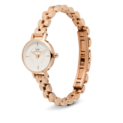 Petite Mini Arch 3-link White Rose Gold women’s watch with a slim arched 3-link rose gold bracelet, white minimalist dial, and a button-less butterfly clasp, designed for a comfortable fit on small wrists.