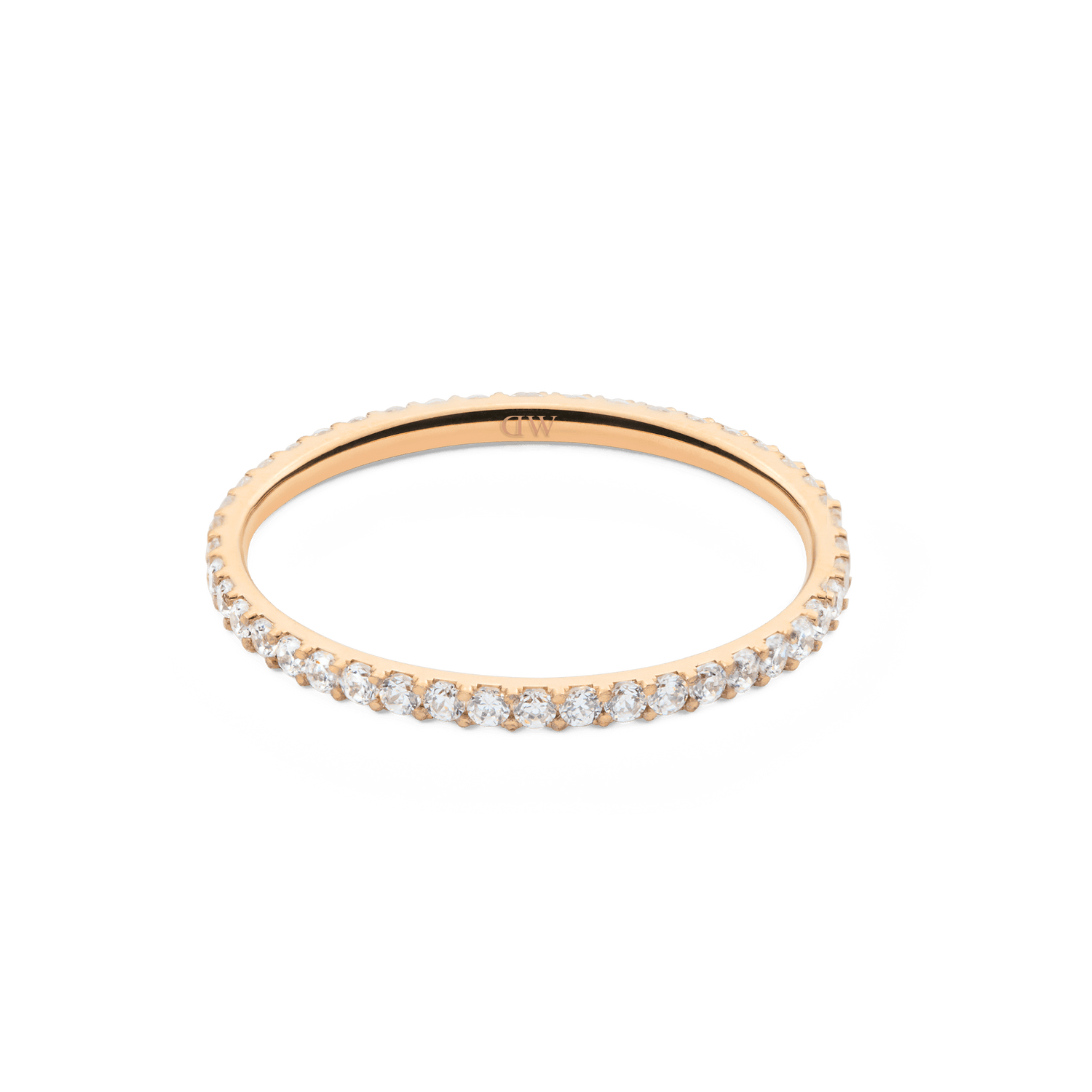 Delicate Mirelle Eternity Ring in rose gold with a 1.4 mm slim band, featuring a full circle of white cubic zirconia crystals for a subtle, elegant sparkle.