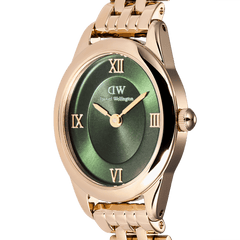 Close-up of the Ophelia Mini Emerald Rose Gold watch, highlighting the polished rose gold oval case, emerald green sunray dial, and gold Roman numeral markers.