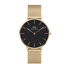Gold mesh strap women’s watch with black minimalist dial and gold hour markers, Daniel Wellington Petite Evergold.