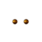 Gold stud earrings with domed tiger eye stones, haloed by white cubic zirconia, elegant and timeless design.