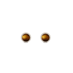 Gold stud earrings with domed tiger eye stones, haloed by white cubic zirconia, elegant and timeless design.