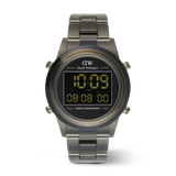 Daniel Wellington Retro Digital Dark Grey watch with a round stainless steel case, black digital chronograph display, and matching dark grey link bracelet.