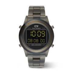Daniel Wellington Retro Digital Dark Grey watch with a round stainless steel case, black digital chronograph display, and matching dark grey link bracelet.