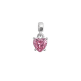 Heart-shaped charm in sterling silver with a sparkling pink crystal, featuring a claw setting and a polished bail, designed for necklaces or bracelets.