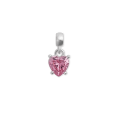 Heart-shaped charm in sterling silver with a sparkling pink crystal, featuring a claw setting and a polished bail, designed for necklaces or bracelets.