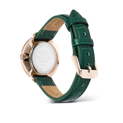 Rear view of the Crystalline Bezel Green Croc Rose Gold watch, showing the engraved case back, rose gold hardware, and adjustable emerald green crocodile-textured leather strap with a pin buckle.
