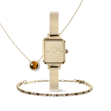 Gold mesh strap watch with a square face, paired with a tennis bracelet featuring sparkling stones and a delicate necklace with a round, honey-toned pendant, all elegantly coordinated as the Honey Gold Set. The set showcases a modern yet timeless style, ideal for everyday wear or special occasions.