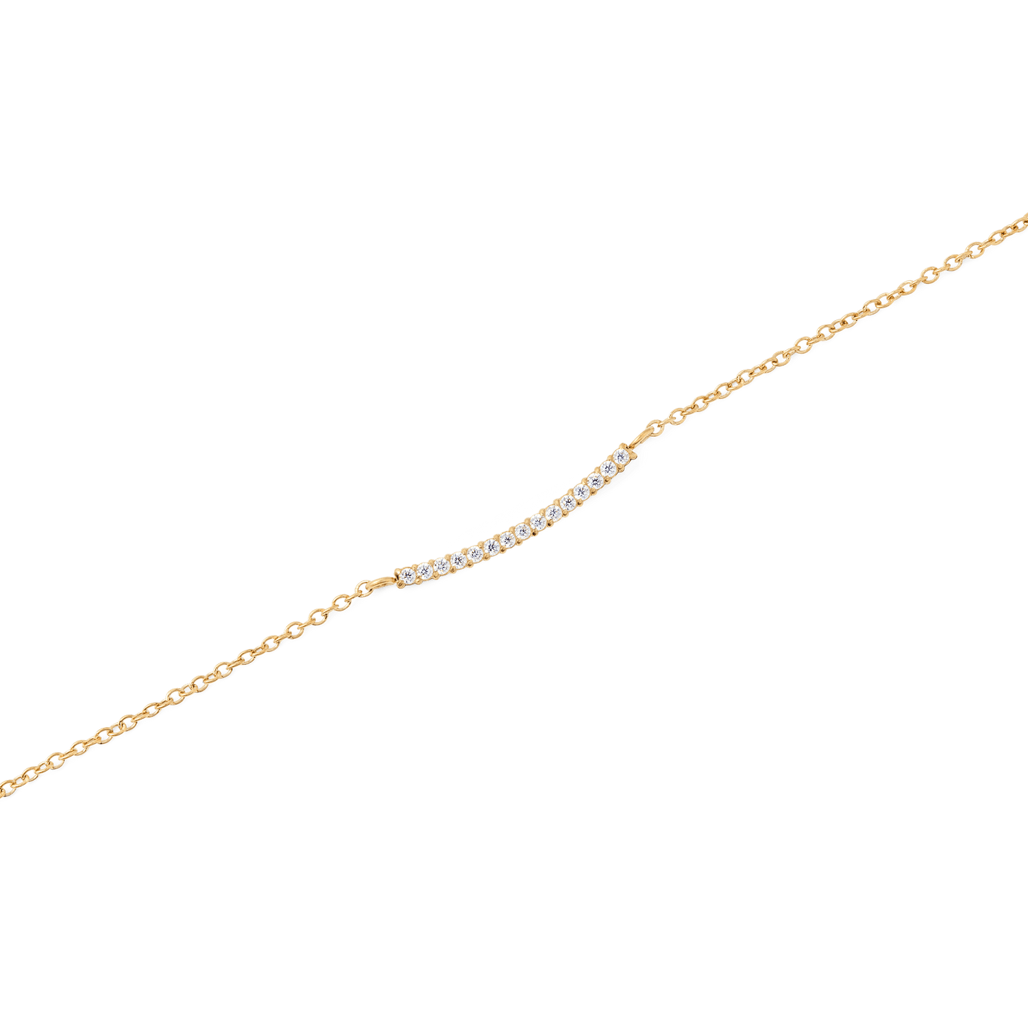 Close-up of the Mirelle Eternity Necklace Gold, showcasing a fine gold chain with a curved row of sparkling white cubic zirconia crystals for a refined, minimalist look.
