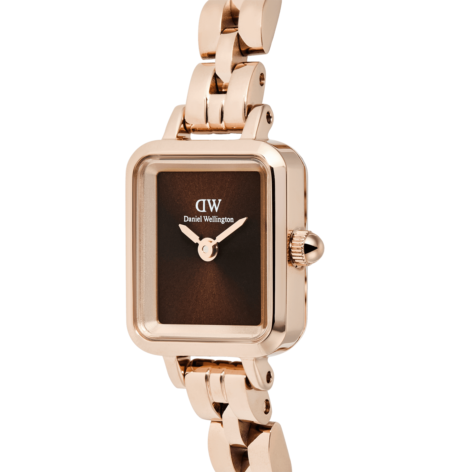 Close-up of the Quadro Mini Arch 3-link Amber Sunray Rose Gold watch, showcasing its rectangular rose gold case, minimalist amber sunray dial, and polished three-link bracelet.