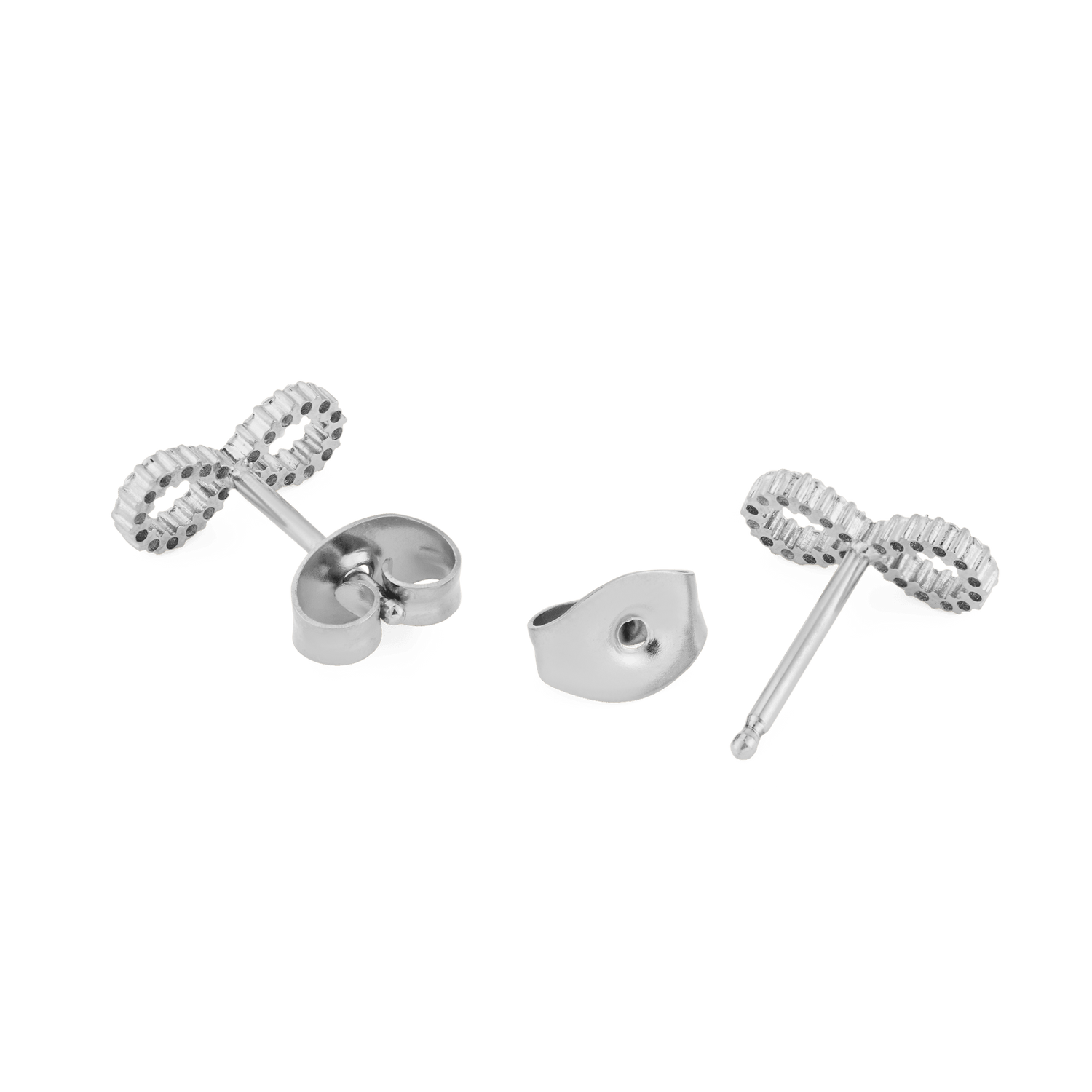Mirelle Infinity Earring Silver studs shown from the back, highlighting the secure stud fastening and polished stainless steel with cubic zirconia detailing in the infinity symbol design.