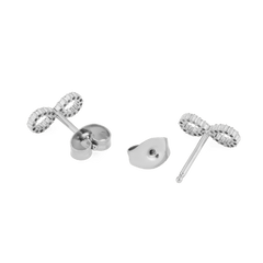 Mirelle Infinity Earring Silver studs shown from the back, highlighting the secure stud fastening and polished stainless steel with cubic zirconia detailing in the infinity symbol design.